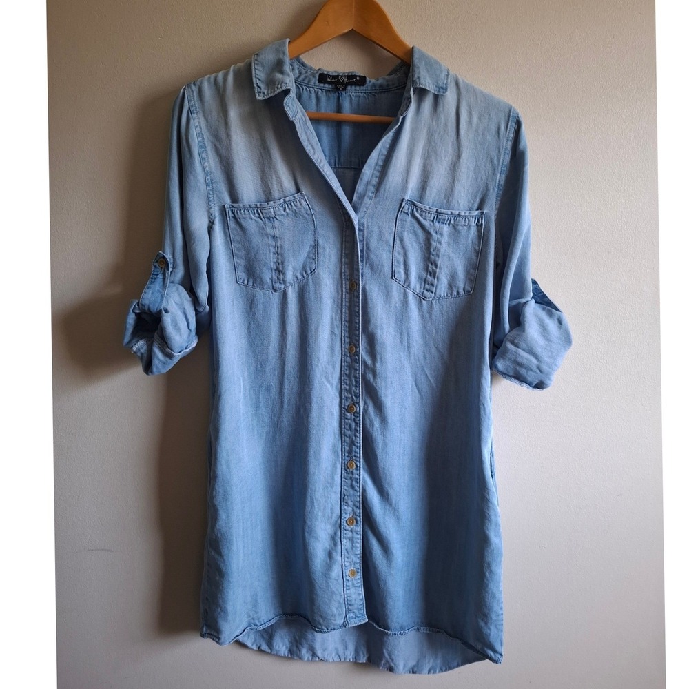 Faded Chambray Shirt Dress Coastal Beach Western Ombre Blue Relaxed Flowy Sz S